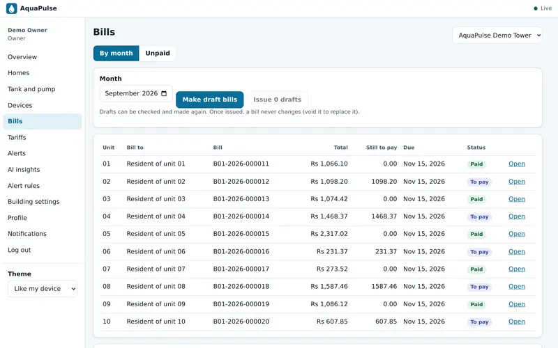 Owner's bills page: one bill per home for September 2026 with totals, amounts still to pay and paid or to-pay status