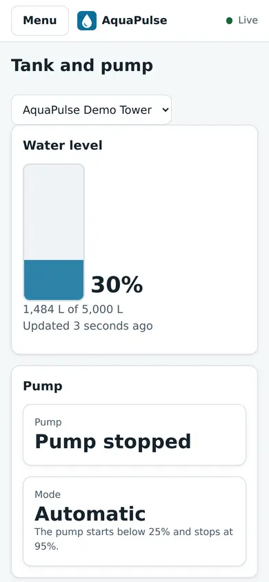 Tank and pump on a phone: water level 30%, pump stopped, automatic mode