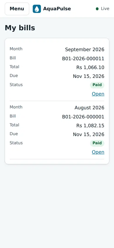 Resident's bills on a phone: September and August 2026 bills, both paid
